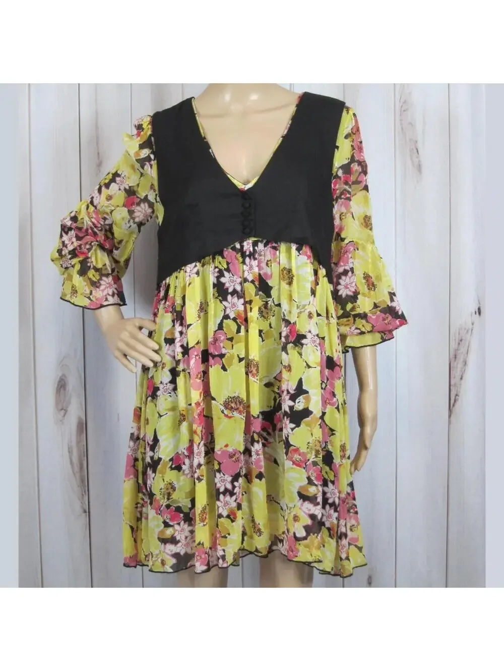Free People Vested Mini Dress NWT Small Yellow Floral Bell Sleeves V-Neck NEW